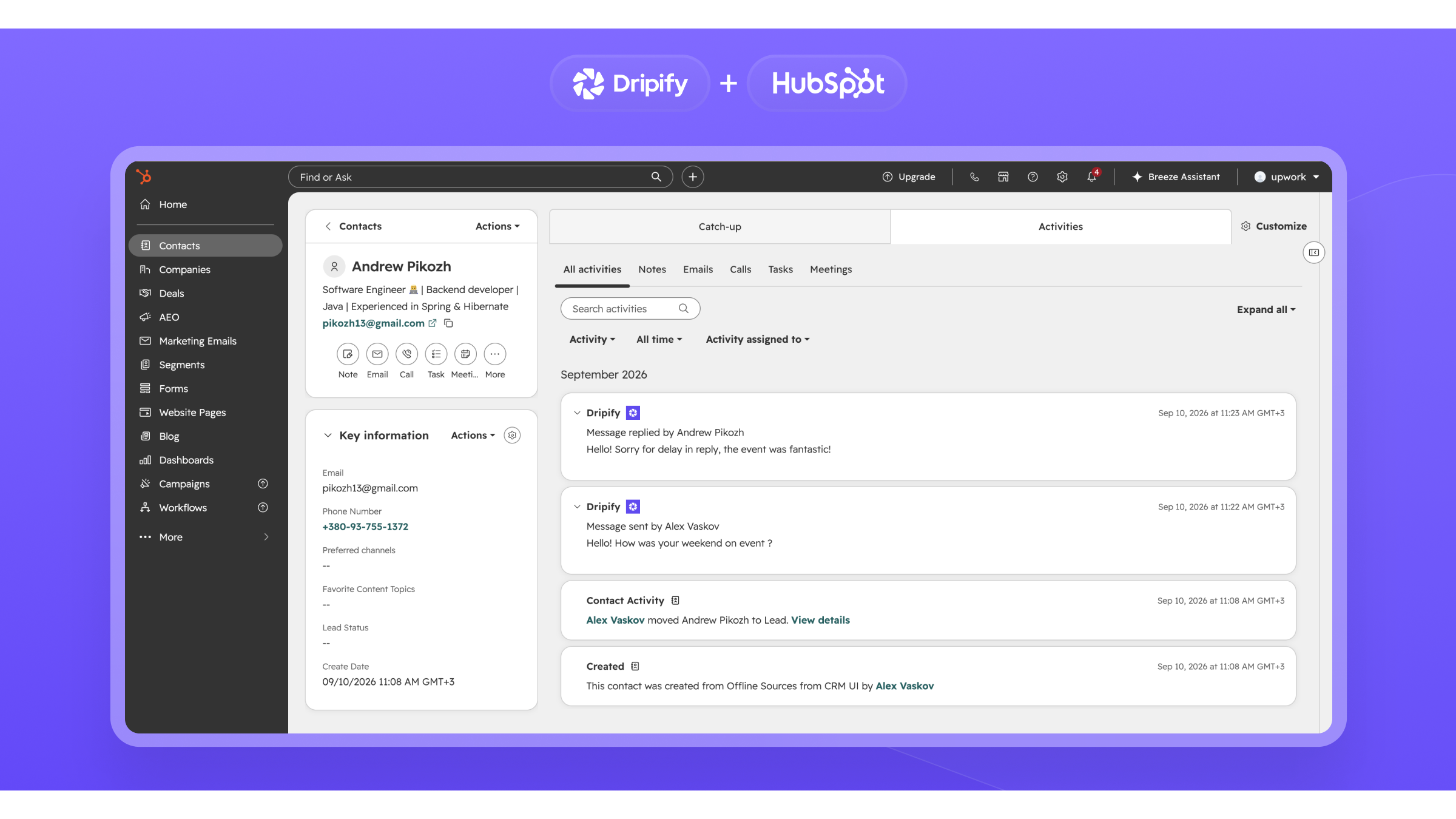 Synchronisation des conversations Dripify avec HubSpot
